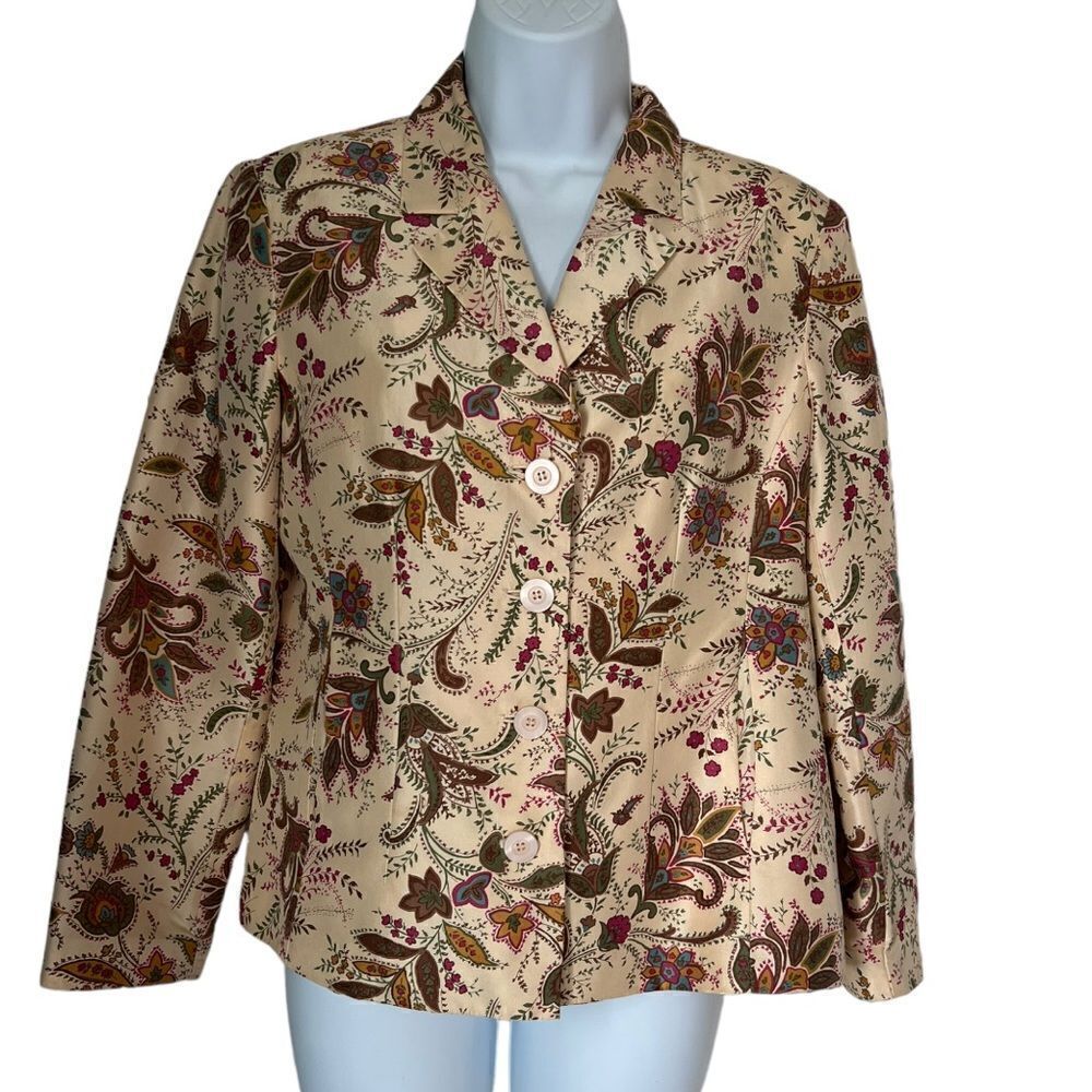 Appleseed Vintage Inspired 100% Silk Tan Floral Boho Chic lightweight Blazer 6P